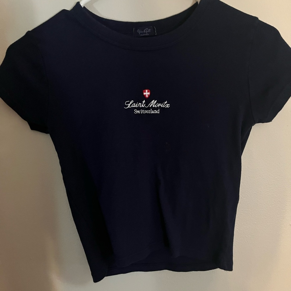 Brandy Melville Dark Blue Tee with St. Moritz Embroidery